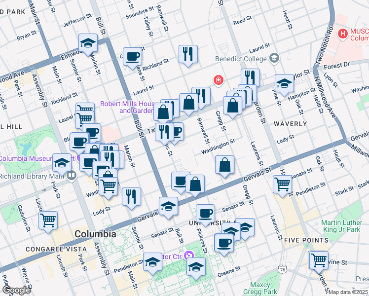 map of restaurants, bars, coffee shops, grocery stores, and more near 1600 Hampton Street in Columbia
