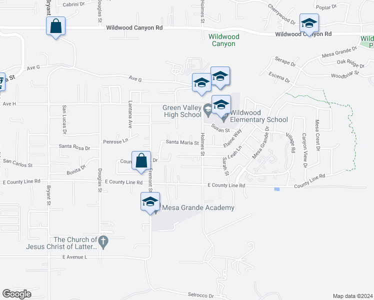 map of restaurants, bars, coffee shops, grocery stores, and more near 35835 Santa Maria Street in Yucaipa