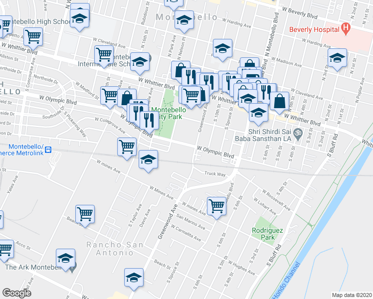 map of restaurants, bars, coffee shops, grocery stores, and more near 1017 Eucalipto Place in Montebello