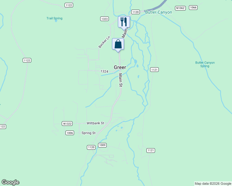 map of restaurants, bars, coffee shops, grocery stores, and more near North Street in Greer