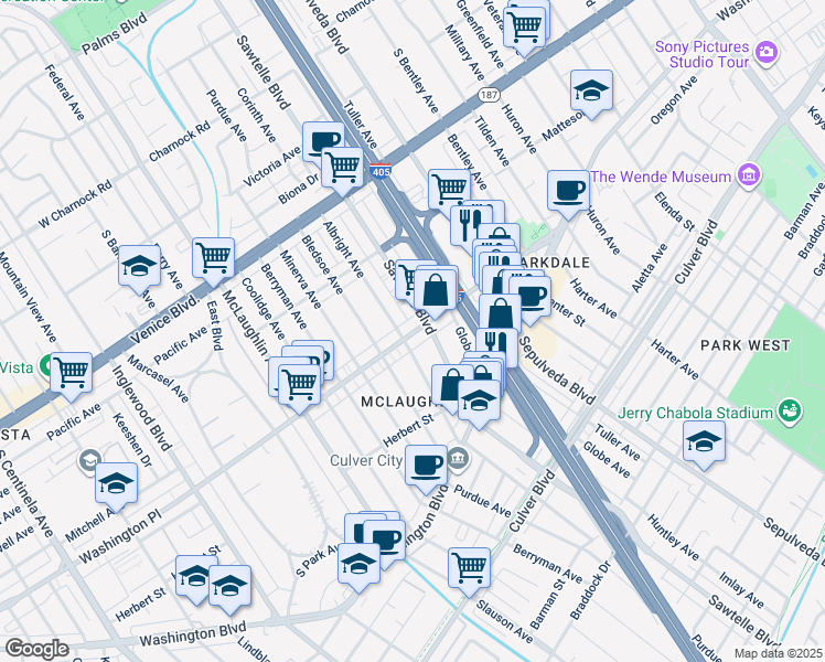 map of restaurants, bars, coffee shops, grocery stores, and more near 11319 Washington Place in Los Angeles