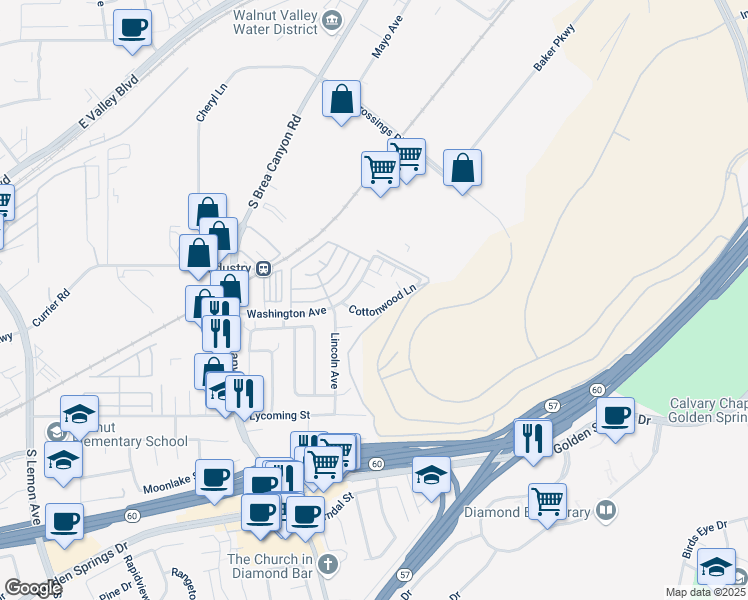 map of restaurants, bars, coffee shops, grocery stores, and more near 21269 Cottonwood Lane in Walnut