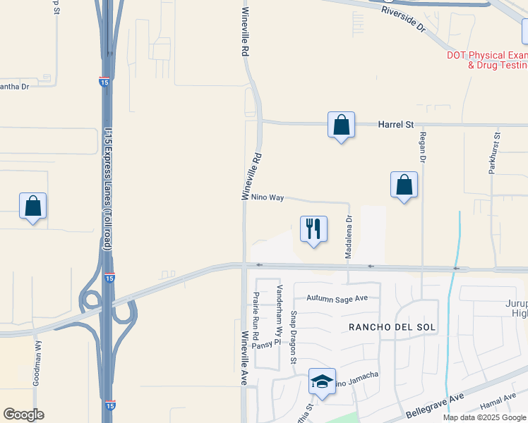 map of restaurants, bars, coffee shops, grocery stores, and more near 4450 Wineville Road in Jurupa Valley