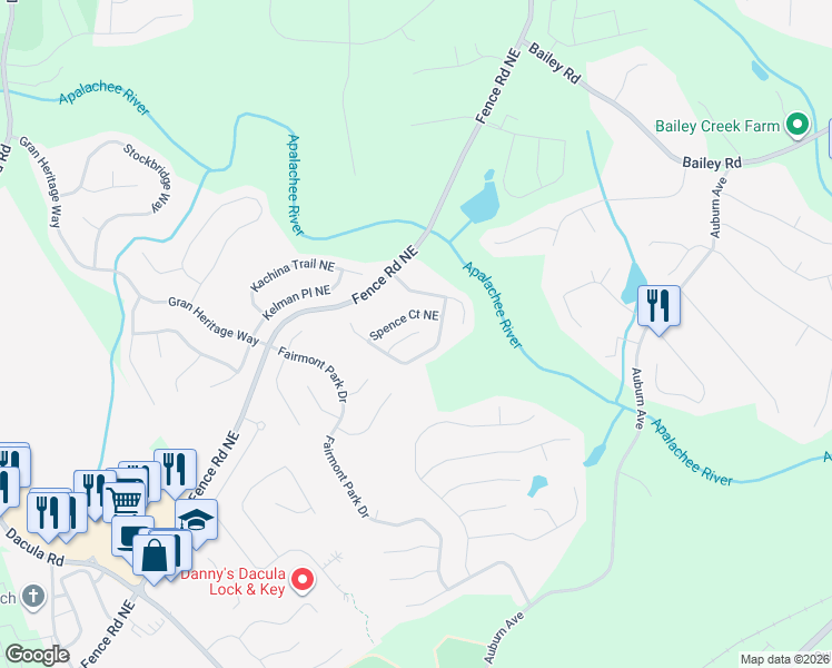 map of restaurants, bars, coffee shops, grocery stores, and more near Riders Court Northeast in Dacula