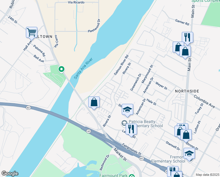 map of restaurants, bars, coffee shops, grocery stores, and more near 4547 Nicole Way in Riverside