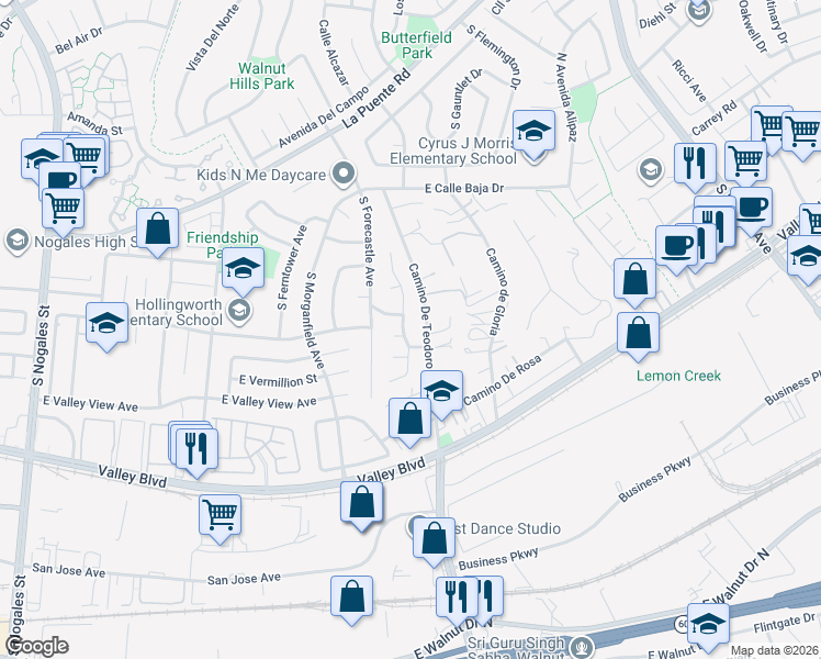 map of restaurants, bars, coffee shops, grocery stores, and more near 516 Vista Rambla in Walnut