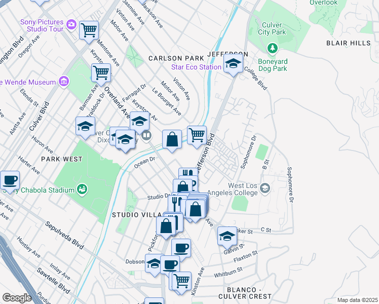 map of restaurants, bars, coffee shops, grocery stores, and more near 10600 Virginia Avenue in Culver City