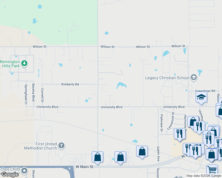 map of restaurants, bars, coffee shops, grocery stores, and more near 4602 West University Boulevard in Durant