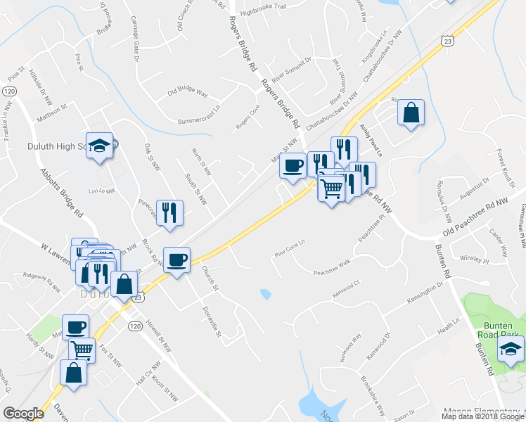 map of restaurants, bars, coffee shops, grocery stores, and more near 2805 Buford Highway in Duluth