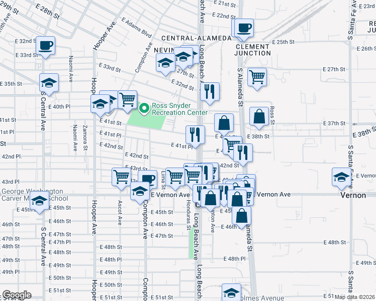 map of restaurants, bars, coffee shops, grocery stores, and more near 1646 East 41st Place in Los Angeles