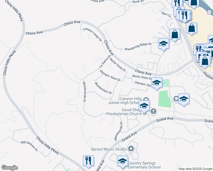 map of restaurants, bars, coffee shops, grocery stores, and more near 13595 Vía San Remo in Chino Hills