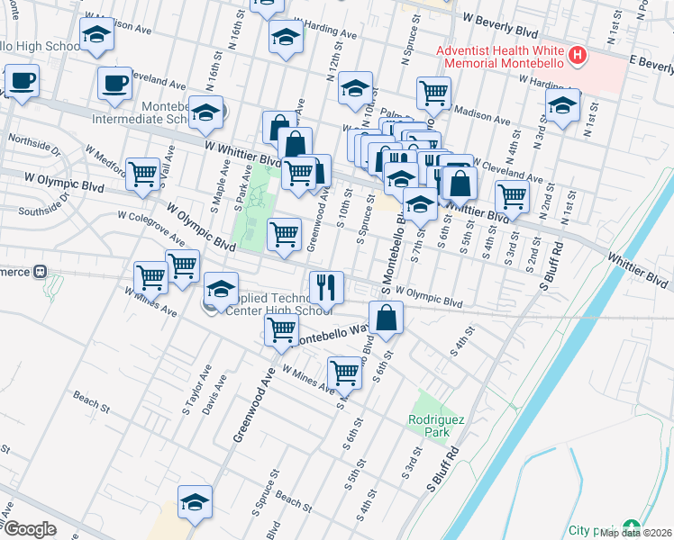 map of restaurants, bars, coffee shops, grocery stores, and more near 905 West Olympic Boulevard in Montebello