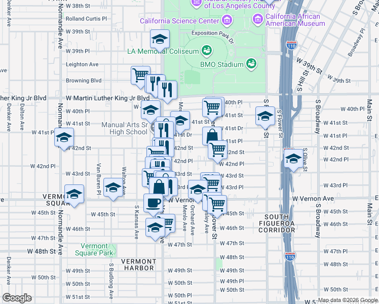 map of restaurants, bars, coffee shops, grocery stores, and more near 4222 Menlo Avenue in Los Angeles