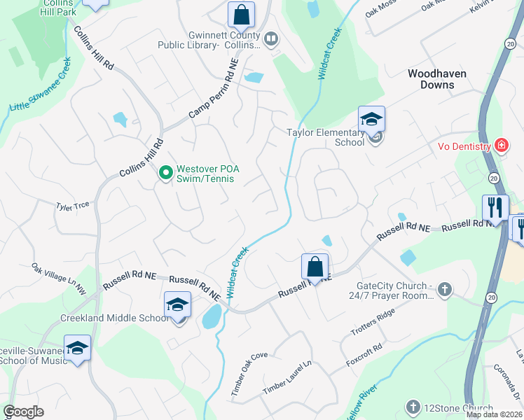 map of restaurants, bars, coffee shops, grocery stores, and more near 309 Bay Hill Court in Lawrenceville