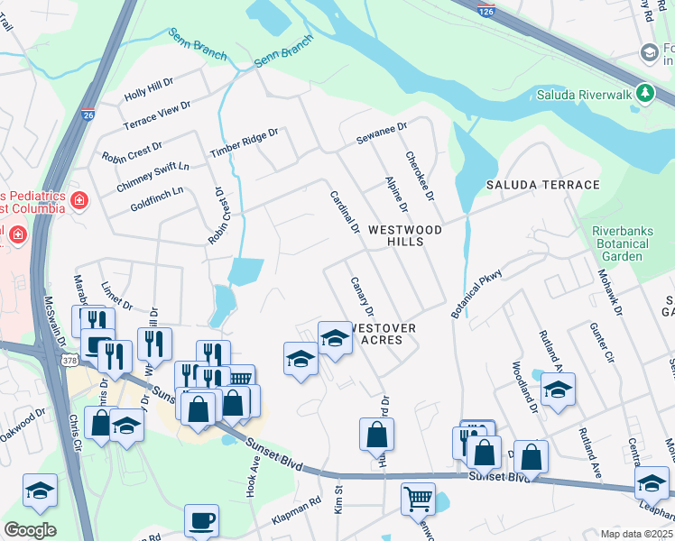 map of restaurants, bars, coffee shops, grocery stores, and more near 1329 Canary Drive in West Columbia