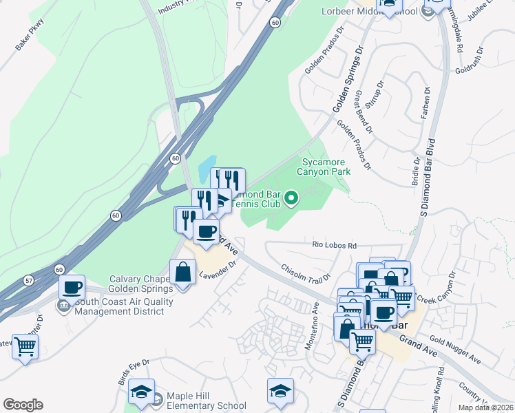 map of restaurants, bars, coffee shops, grocery stores, and more near 22761 Lakeway Drive in Diamond Bar