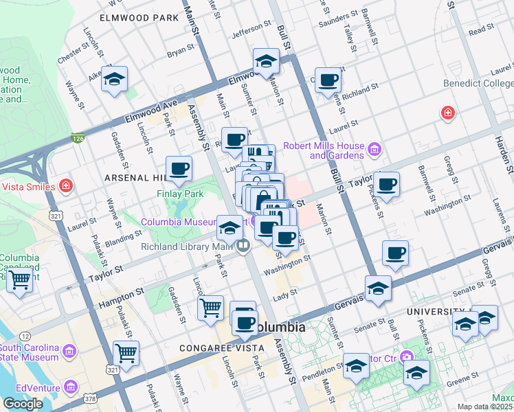 map of restaurants, bars, coffee shops, grocery stores, and more near 1545 Main Street in Columbia