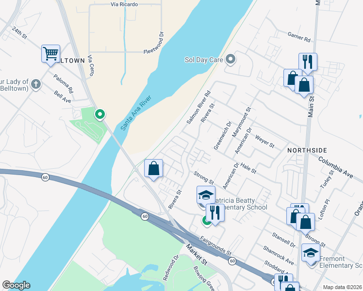 map of restaurants, bars, coffee shops, grocery stores, and more near 4547 Nicole Way in Riverside