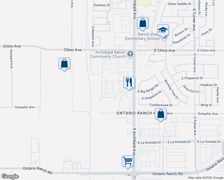 map of restaurants, bars, coffee shops, grocery stores, and more near 10129 Schaefer Avenue in Ontario