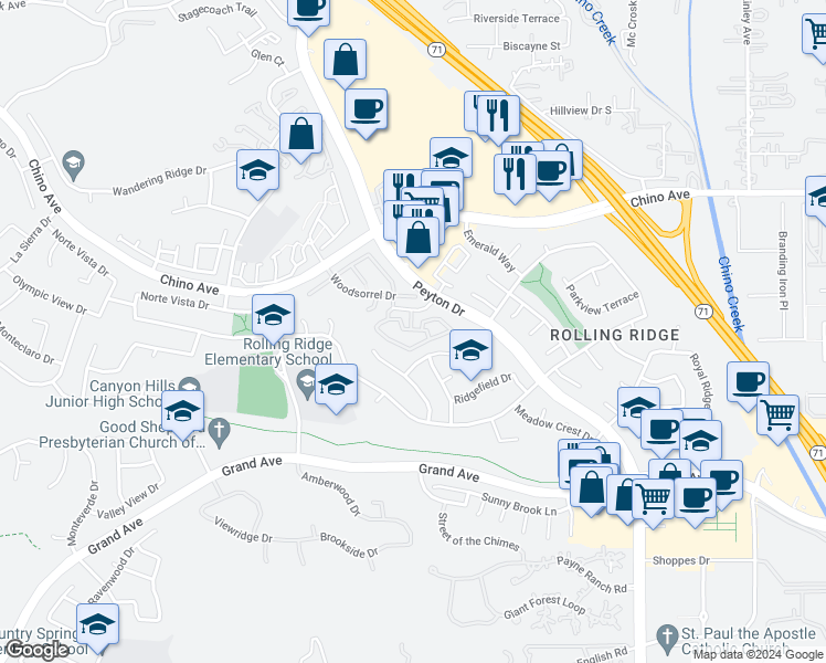 map of restaurants, bars, coffee shops, grocery stores, and more near 2908 Steeple Chase Drive in Chino Hills