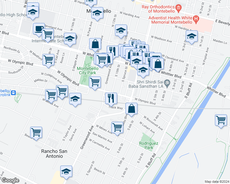 map of restaurants, bars, coffee shops, grocery stores, and more near 905 West Olympic Boulevard in Montebello