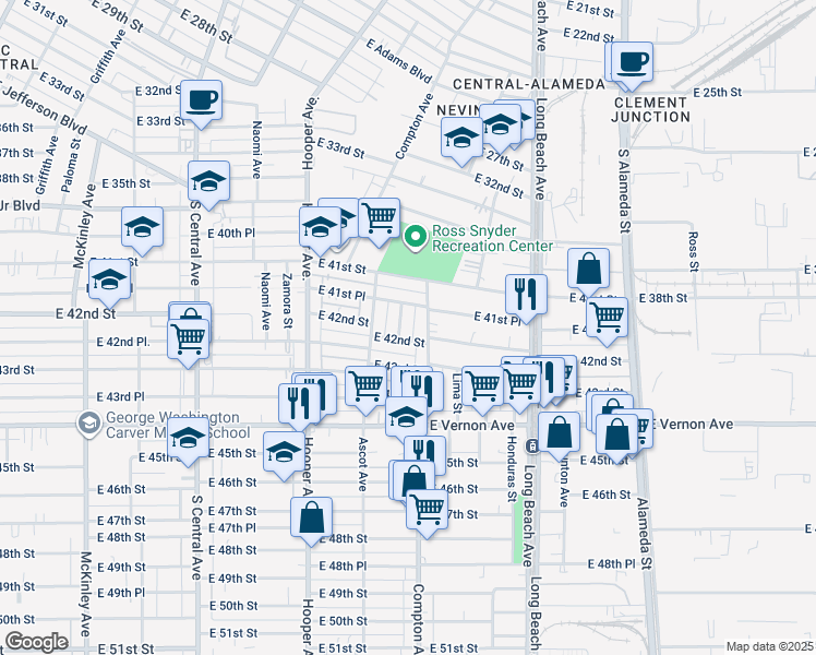 map of restaurants, bars, coffee shops, grocery stores, and more near 1474 East 42nd Street in Los Angeles