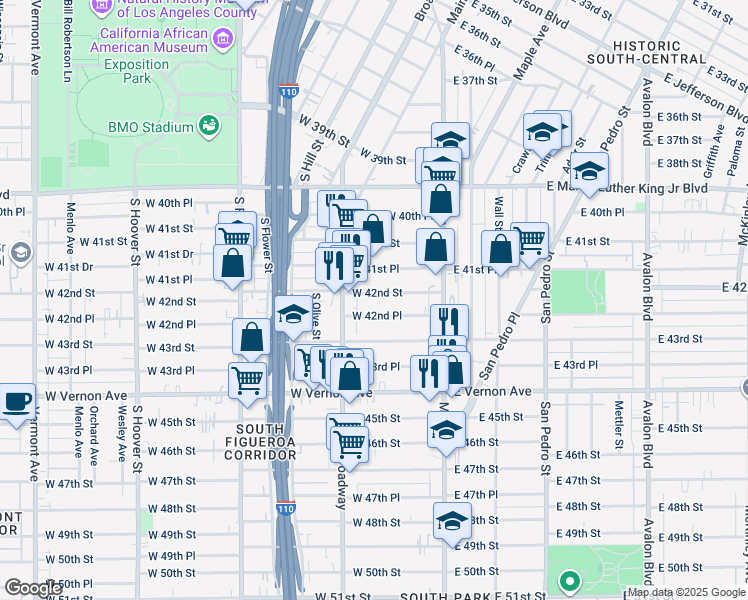 map of restaurants, bars, coffee shops, grocery stores, and more near 200 West 42nd Place in Los Angeles