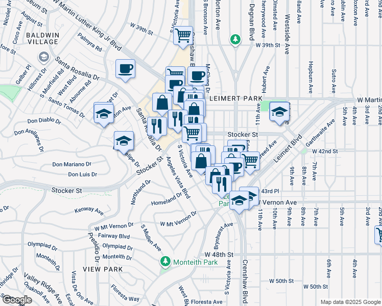 map of restaurants, bars, coffee shops, grocery stores, and more near 4257 Crenshaw Boulevard in Los Angeles