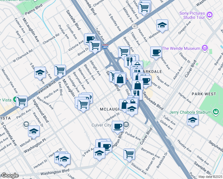 map of restaurants, bars, coffee shops, grocery stores, and more near 11358 Washington Place in Los Angeles