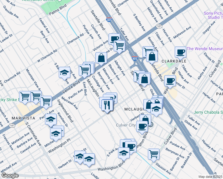 map of restaurants, bars, coffee shops, grocery stores, and more near 3958 Berryman Avenue in Los Angeles