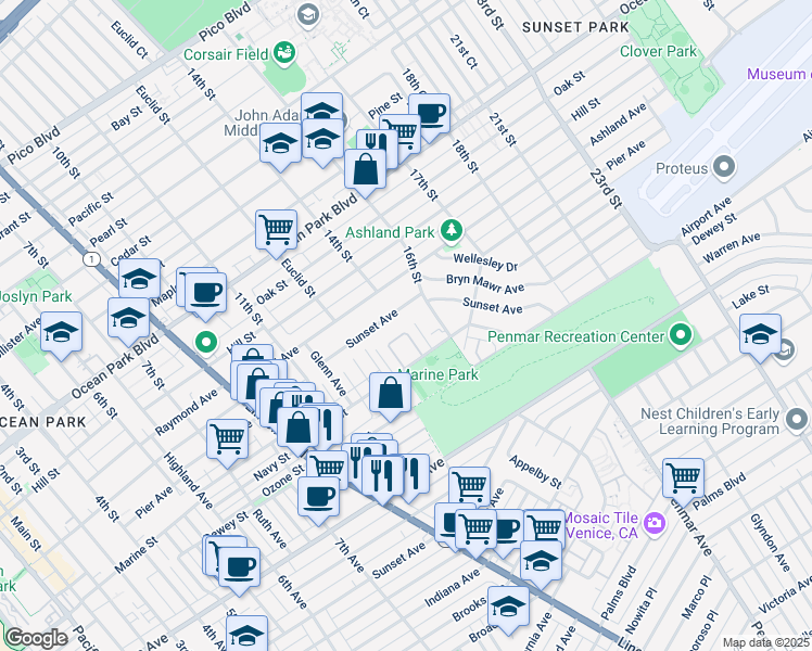 map of restaurants, bars, coffee shops, grocery stores, and more near 3032 Linda Lane in Santa Monica