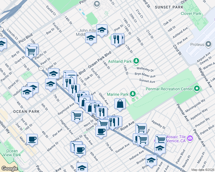 map of restaurants, bars, coffee shops, grocery stores, and more near 1208 Ashland Avenue in Santa Monica