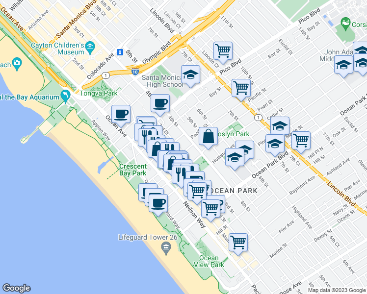 map of restaurants, bars, coffee shops, grocery stores, and more near 241 Pacific Street in Santa Monica