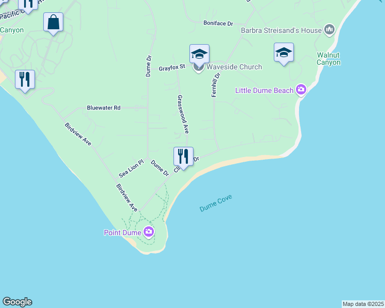 map of restaurants, bars, coffee shops, grocery stores, and more near 29066 Cliffside Drive in Malibu