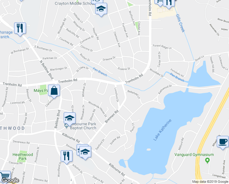 map of restaurants, bars, coffee shops, grocery stores, and more near 1539 Lonsford Drive in Columbia