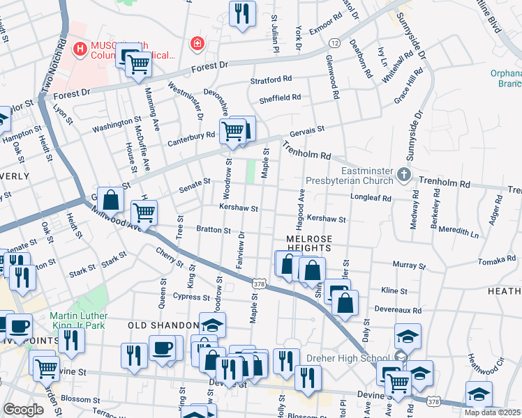 map of restaurants, bars, coffee shops, grocery stores, and more near 1313 Maple Street in Columbia
