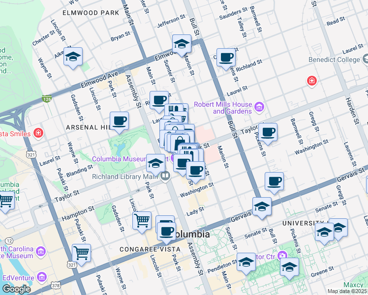 map of restaurants, bars, coffee shops, grocery stores, and more near 1545 Main Street in Columbia
