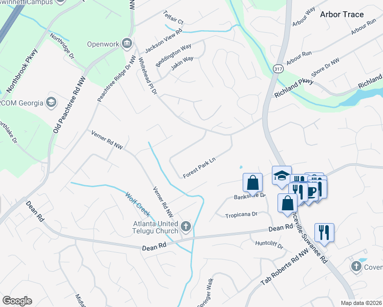 map of restaurants, bars, coffee shops, grocery stores, and more near 770 Forest Park Lane in Suwanee