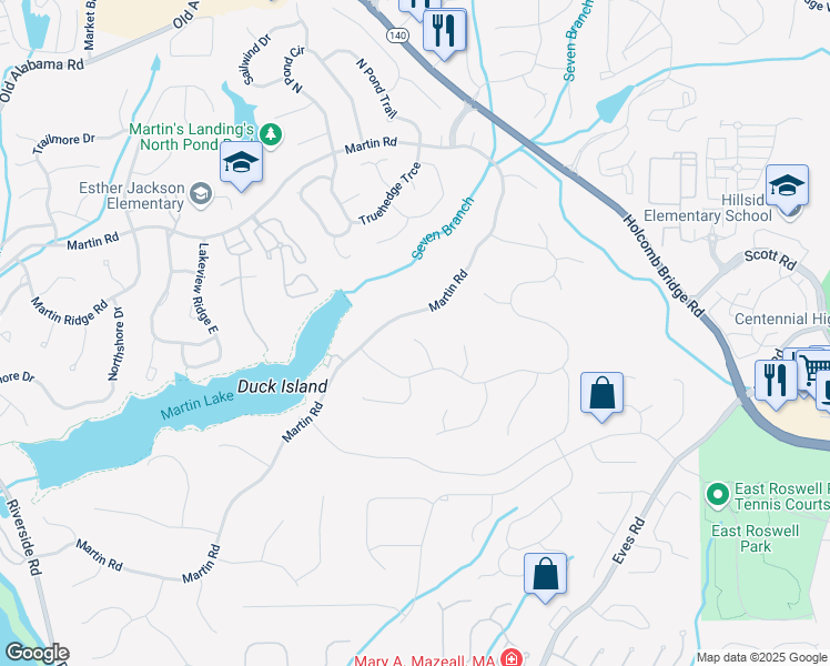 map of restaurants, bars, coffee shops, grocery stores, and more near 415 Clear Creek Terrace in Roswell