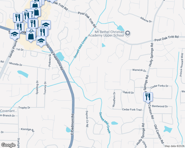map of restaurants, bars, coffee shops, grocery stores, and more near 2286 Piedmont Ridge Court in Marietta
