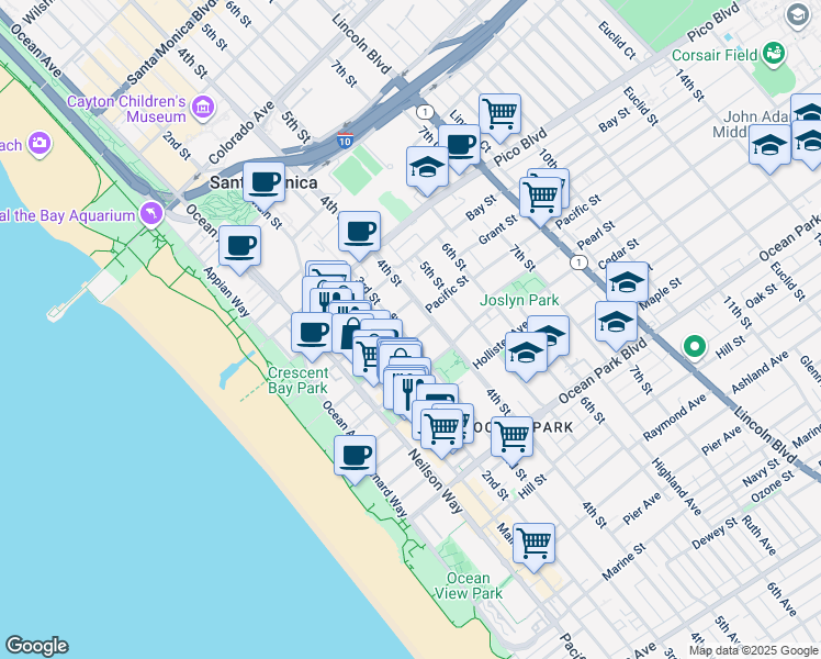 map of restaurants, bars, coffee shops, grocery stores, and more near 2115 3rd Street in Santa Monica