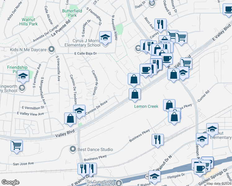 map of restaurants, bars, coffee shops, grocery stores, and more near 685 Castlehill Drive in Walnut