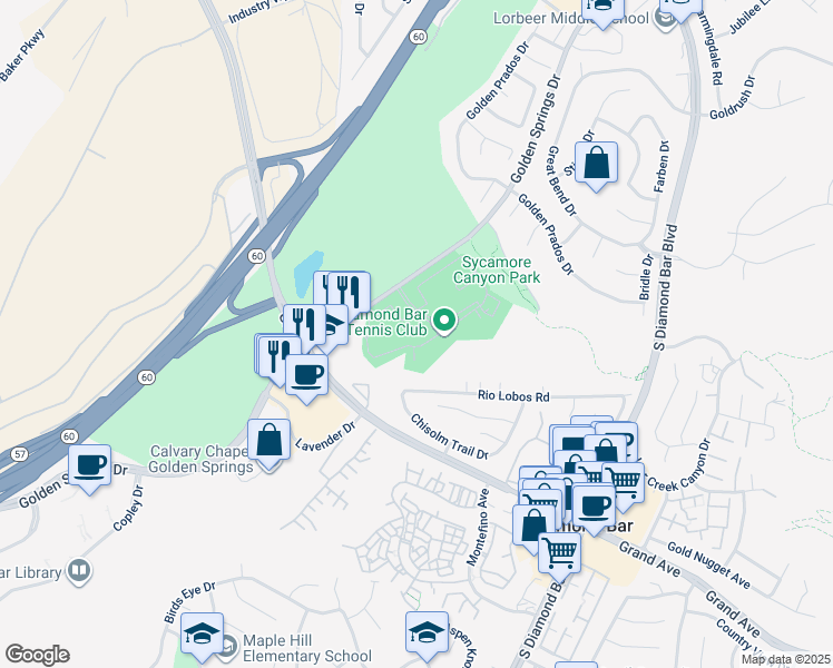 map of restaurants, bars, coffee shops, grocery stores, and more near 22709 Lakeway Drive in Diamond Bar