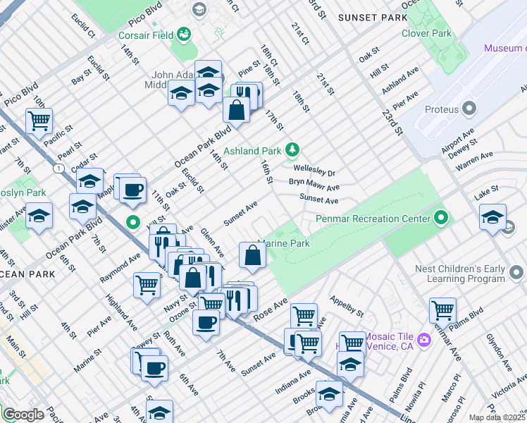 map of restaurants, bars, coffee shops, grocery stores, and more near 3032 Linda Lane in Santa Monica