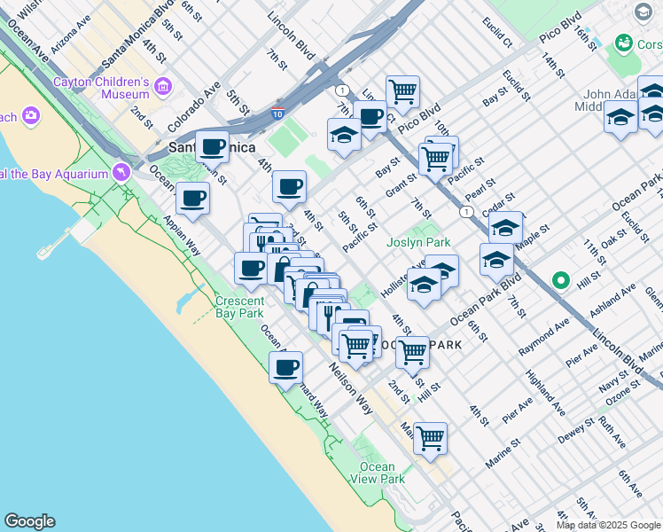 map of restaurants, bars, coffee shops, grocery stores, and more near 2115 3rd Street in Santa Monica