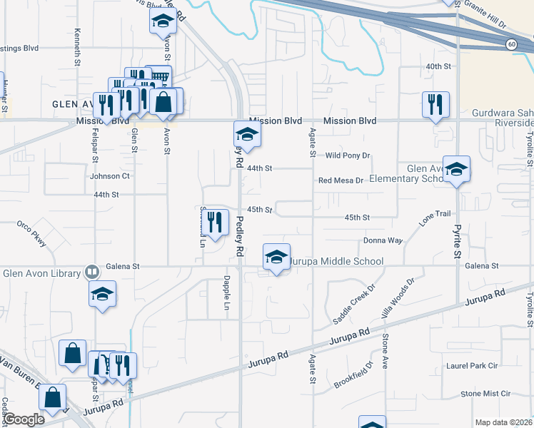 map of restaurants, bars, coffee shops, grocery stores, and more near 8753 Tourmaline Court in Riverside