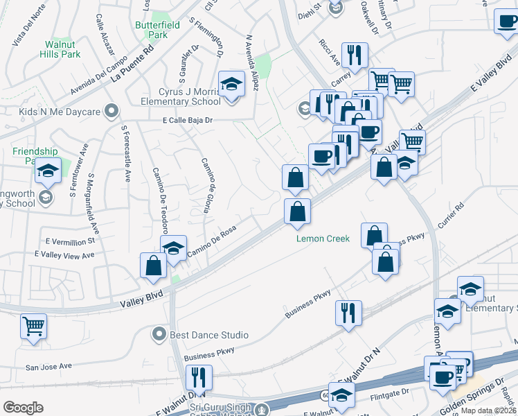 map of restaurants, bars, coffee shops, grocery stores, and more near 693 Castlehill Drive in Walnut