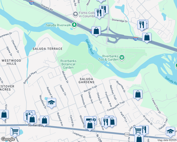 map of restaurants, bars, coffee shops, grocery stores, and more near 1101 Sioux Trail in West Columbia