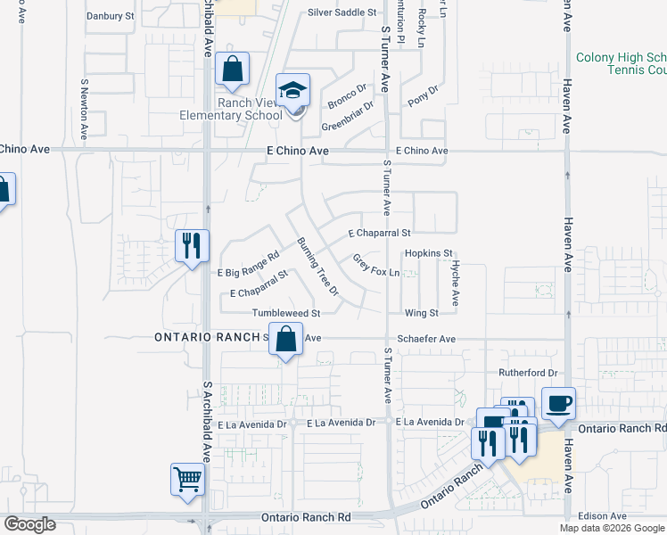 map of restaurants, bars, coffee shops, grocery stores, and more near 3692 Old Archibald Ranch Road in Ontario