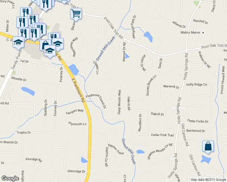 map of restaurants, bars, coffee shops, grocery stores, and more near 2286 Piedmont Ridge Court in Marietta